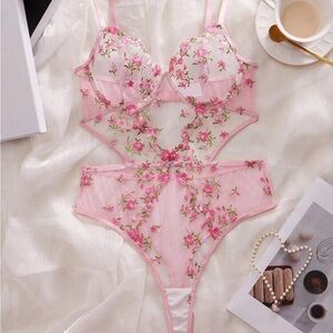 Sexy Floral Embroidered Pink Lingerie Bodysuit